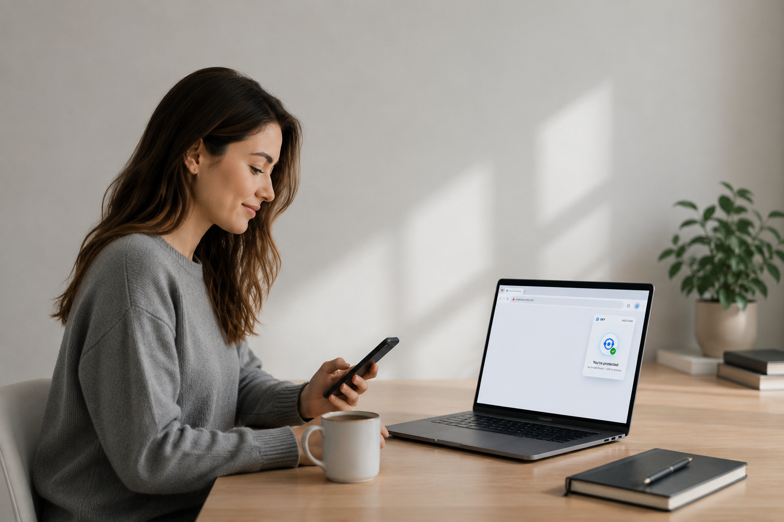 Person checking their phone while OKY protects their inbox